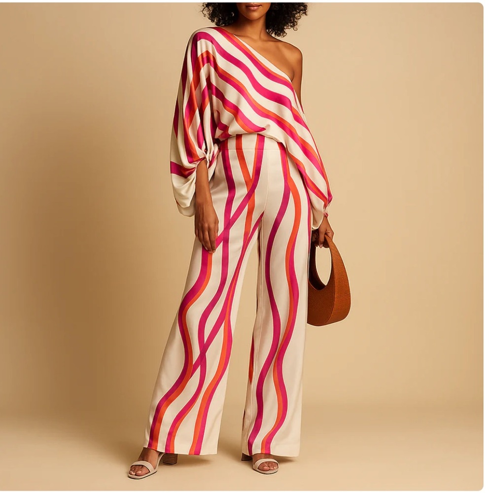 Off-Shoulder Top and Wide-Leg Pants - Pink Orange and Cream